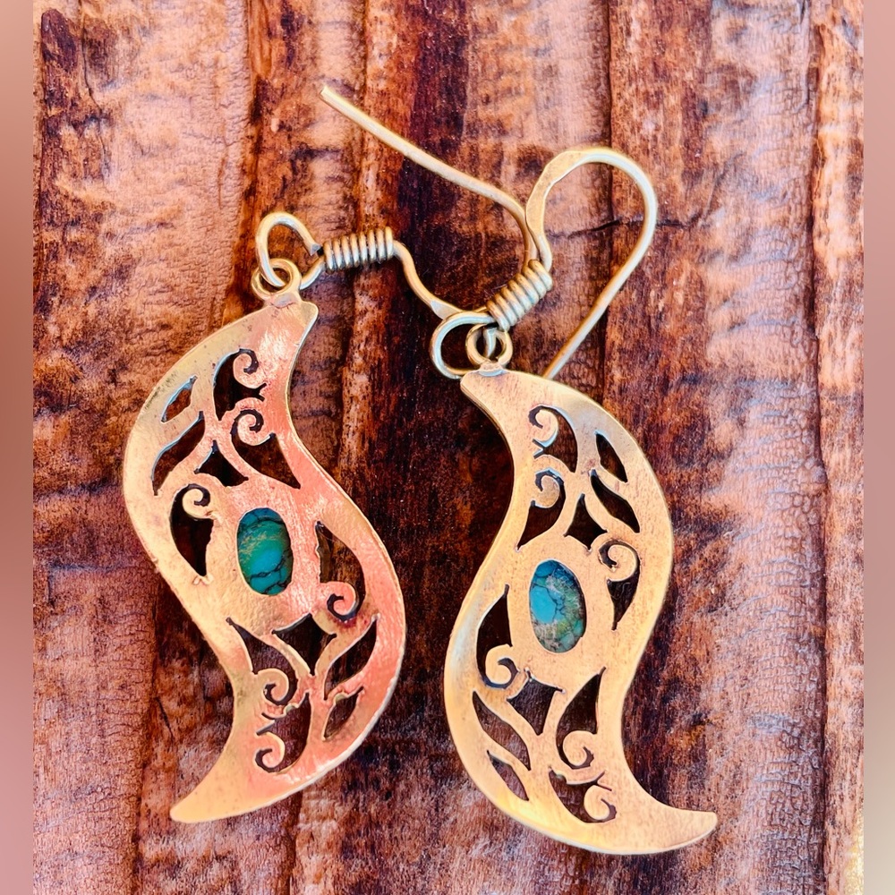 Vintage Boho Brass and Turquoise Earrings - Picture 12 of 15